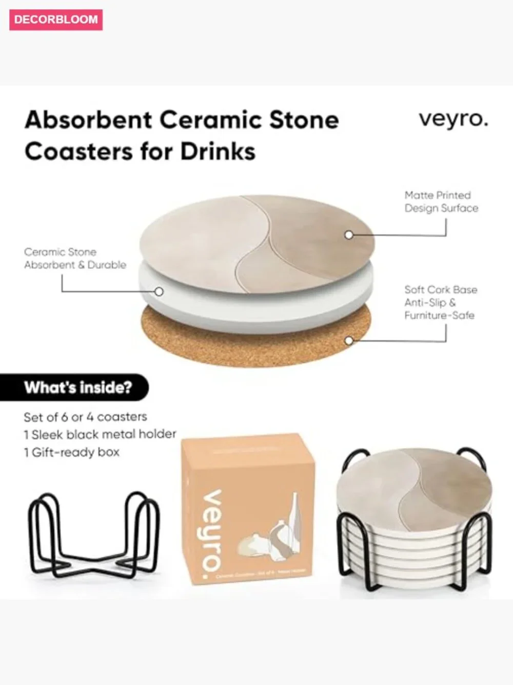Absorbent Ceramic Coasters Set of 6 – Non-Slip Cork Backing, Stone Drink